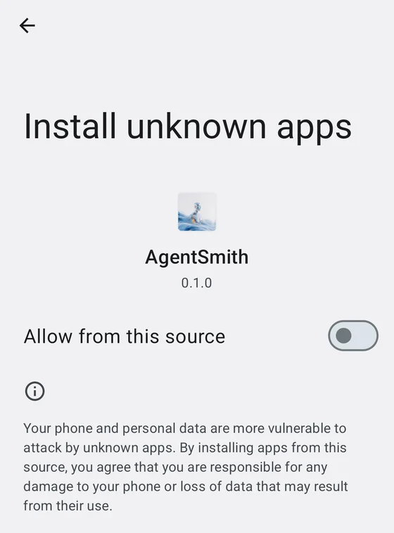 安卓的安装未知应用页面，AgentSmith 下方有允许来自此来源的应用的开关