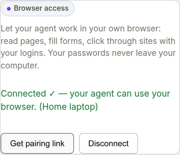 Command Center Browser access card showing Connected