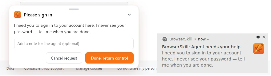 A Please sign in panel from the agent with Cancel request and Done, return control buttons, and a desktop notification