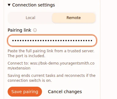 BrowserSkill Connection settings with Remote selected and the pairing link pasted