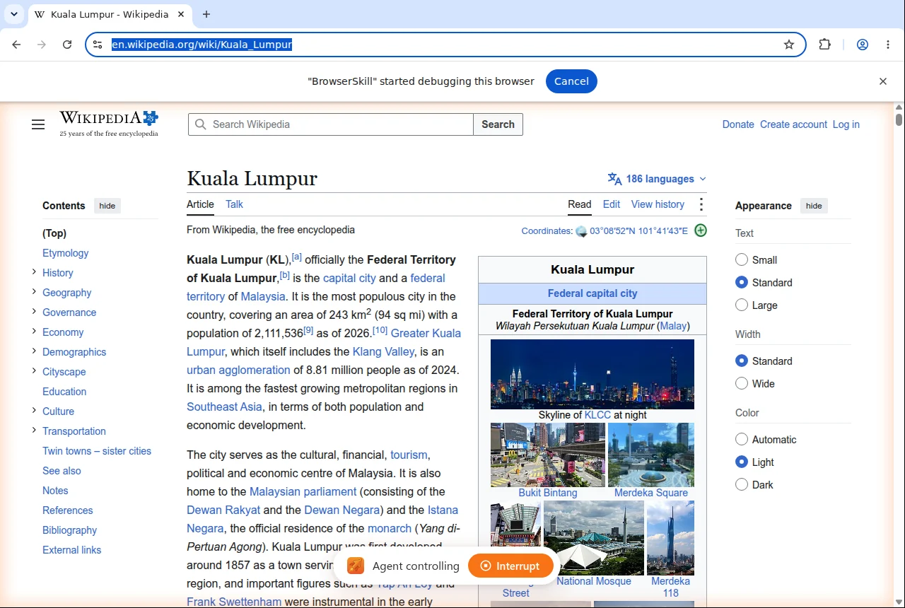 Chrome with the BrowserSkill debugging bar, an orange glow around the page and the Agent controlling pill with an Interrupt button
